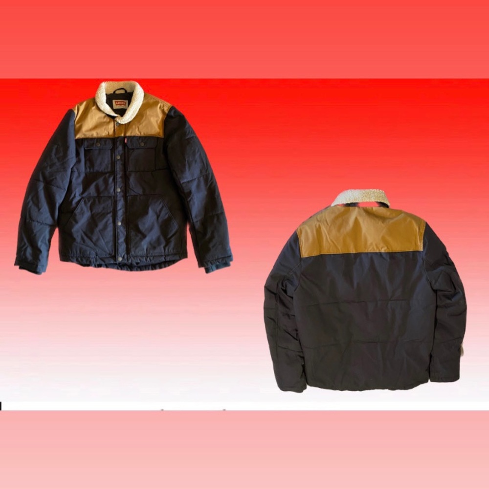 Levi’s Navy and Tan Puffer Jacket, Sherpa Collar
